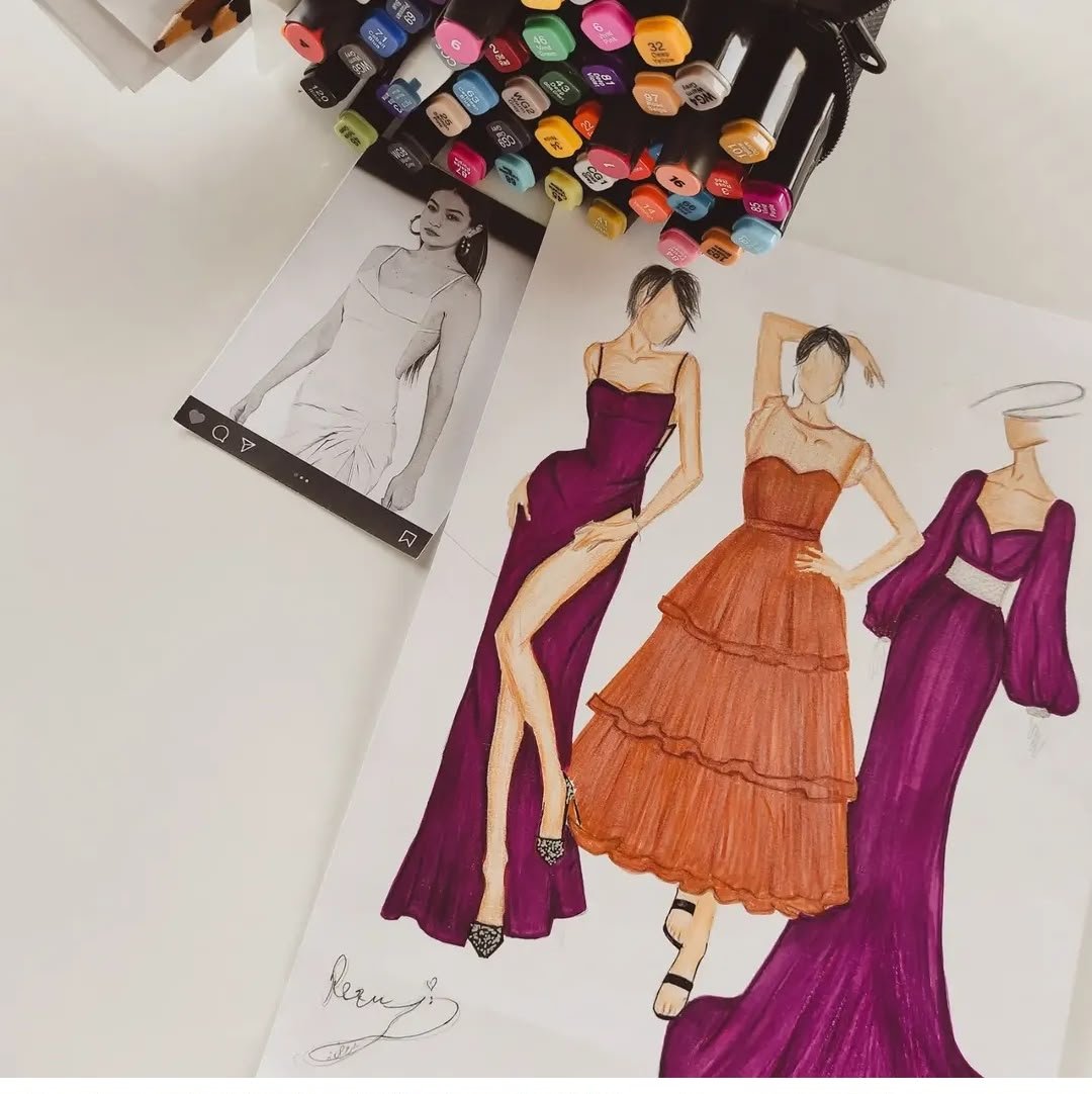 Three evening gown marker illustrations
